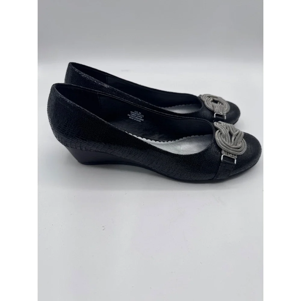 Laura Ashley 8M Black‎ Wedge Heels Women's Snake Print Knot Detail